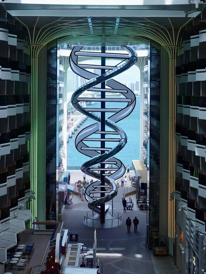 Illustration shows artist reimagining landscapes by adding famous characters water skiing next to a large cruise ship.