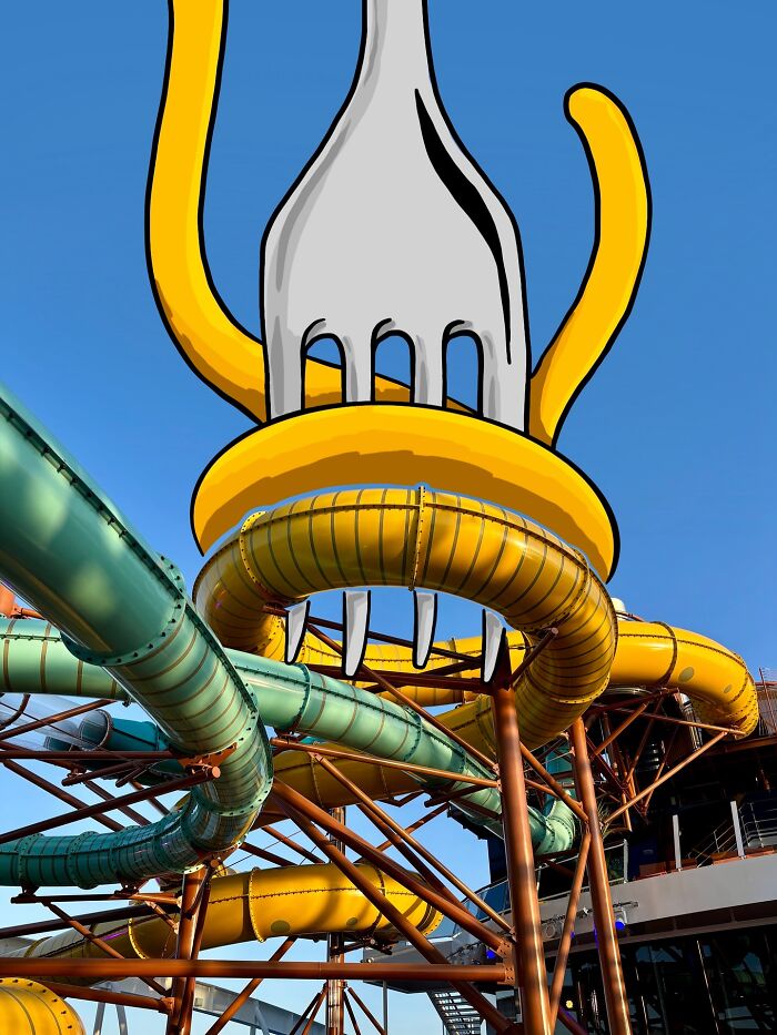 Illustration shows artist reimagining landscapes by adding famous characters water skiing next to a large cruise ship.