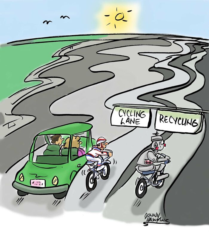 Cartoon showing a playful one-panel comic with cyclists choosing between cycling lane and recycling lane on a sunny day.