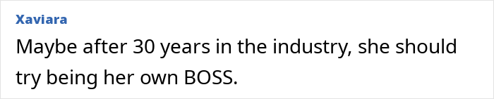 Comment from Xaviara suggesting Christina Aguilera try being her own boss after 30 years in the industry, related to diet speculation. Comment from Xaviara suggesting Christina Aguilera try being her own boss after 30 years in the industry, related to diet speculation.