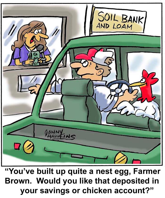 Cartoon of a man and chicken in a car at a bank drive-thru, playful one-panel comics by Jonathan Ray Hawkins humor.