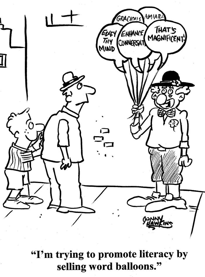 One-panel comic by Jonathan Ray Hawkins showing a clown selling word balloons promoting literacy and humor.