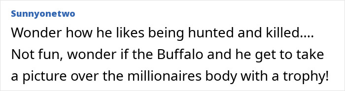 Comment text about a millionaire trophy hunter fatally gored by a buffalo on safari, reflecting karma and hunting risks. Comment text about a millionaire trophy hunter fatally gored by a buffalo on safari, reflecting karma and hunting risks.