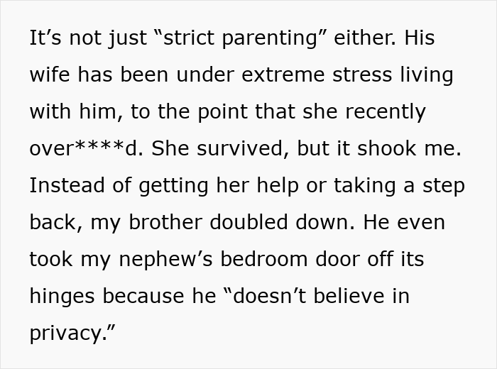 Text about controlling brother removing nephew’s bedroom door, raising concerns about safety and prompting CPS involvement. Text about controlling brother removing nephew’s bedroom door, raising concerns about safety and prompting CPS involvement.