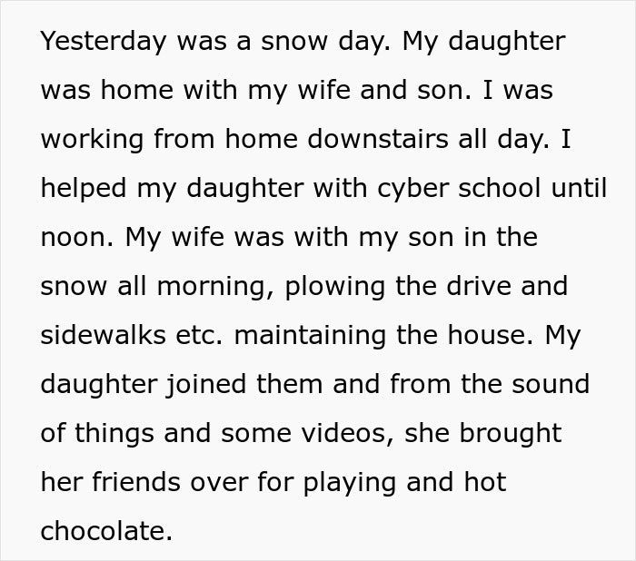 Man tells wife she couldn’t do it without him as she proves him wrong by managing snow day and family tasks alone.
