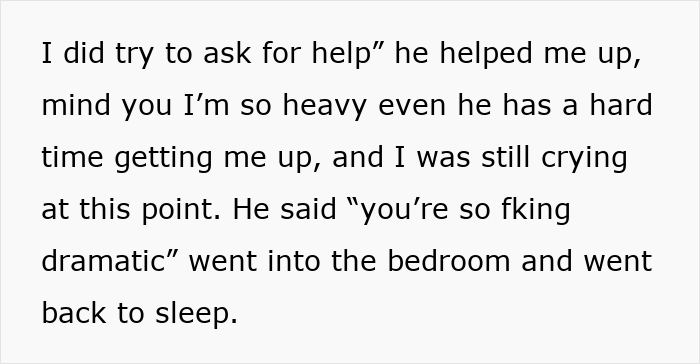 Text excerpt showing a heavily pregnant woman describing being helped up while crying and her partner calling her dramatic. Text excerpt showing a heavily pregnant woman describing being helped up while crying and her partner calling her dramatic.