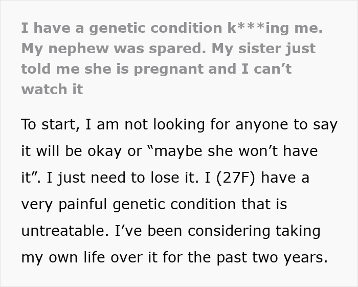 Text excerpt from a person with a genetic condition struggling emotionally after learning their pregnant sister’s news. Text excerpt from a person with a genetic condition struggling emotionally after learning their pregnant sister’s news.