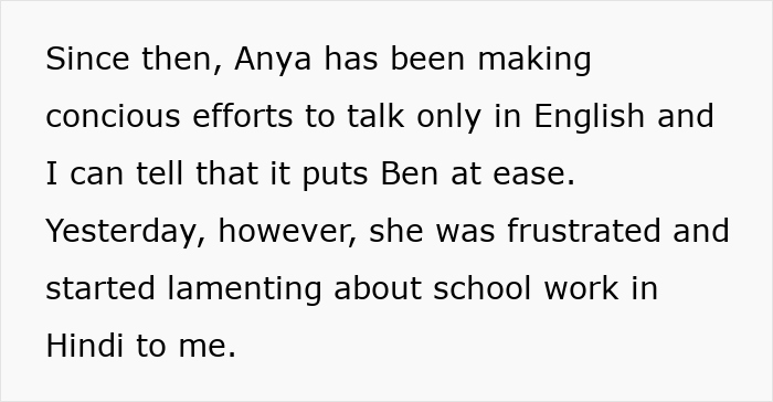 Text excerpt showing a mom describing her child speaking Hindi despite stepdad’s discomfort with native language use. Text excerpt showing a mom describing her child speaking Hindi despite stepdad’s discomfort with native language use.