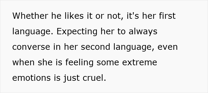 Text on screen about the stepdad suggesting punishing kid for using native language his son can't understand, with mom horrified. Text on screen about the stepdad suggesting punishing kid for using native language his son can't understand, with mom horrified.