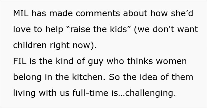 Text discussing a man secretly inviting his parents to stay, causing tension with his girlfriend due to differing household views. Text discussing a man secretly inviting his parents to stay, causing tension with his girlfriend due to differing household views.