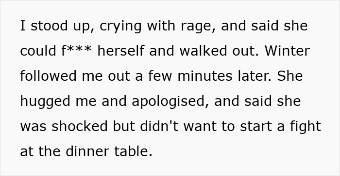 Text message excerpt describing a woman leaving in tears after a racist insult from a mother during dinner chaos. Text message excerpt describing a woman leaving in tears after a racist insult from a mother during dinner chaos.