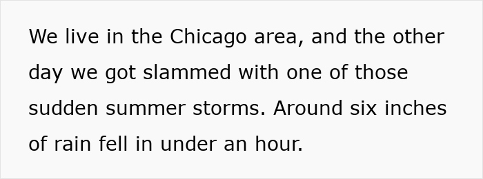 Text passage about a Chicago area summer storm causing six inches of rain in under an hour, related to sewage disaster. Text passage about a Chicago area summer storm causing six inches of rain in under an hour, related to sewage disaster.