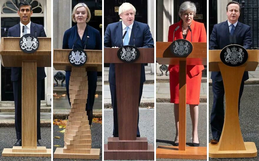 Five political leaders standing at uniquely shaped wooden podiums, showcasing creative and interesting designs.