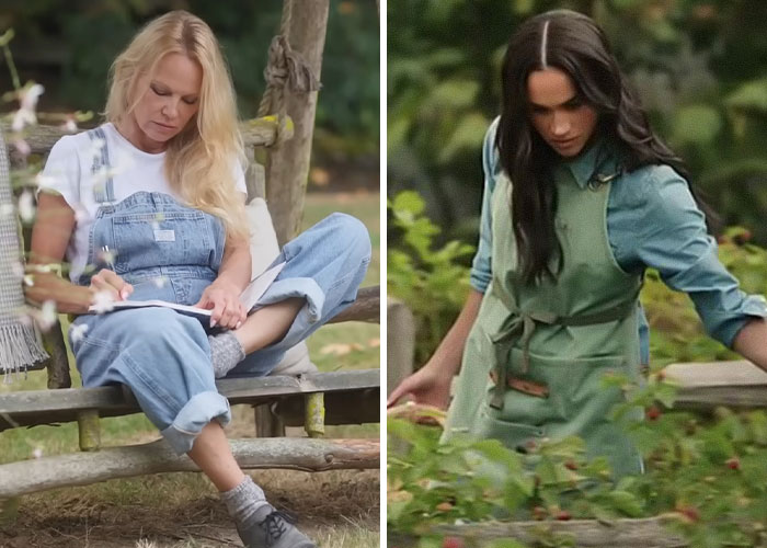Pamela Anderson and Meghan Markle pictured outdoors, linking to fans accusing Meghan of copying Pamela’s cooking show. Pamela Anderson and Meghan Markle pictured outdoors, linking to fans accusing Meghan of copying Pamela’s cooking show.