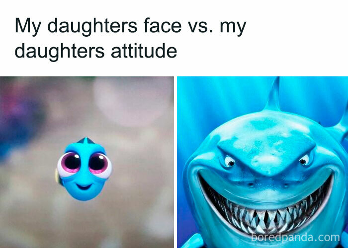 Comparison meme showing a cute fish face versus an aggressive shark face illustrating cool mom parenting humor.