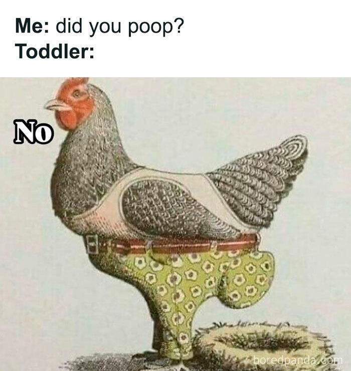 Illustration of a chicken in toddler pajamas denying pooping, highlighting funny moments in parenting memes.