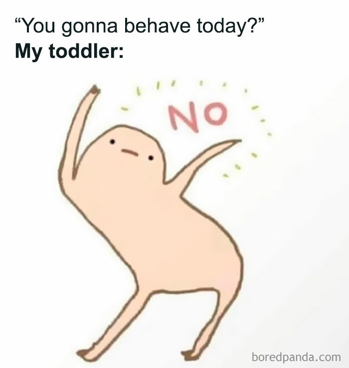 Toddler humor meme showing a simple character saying no, capturing the reality of being a parent.