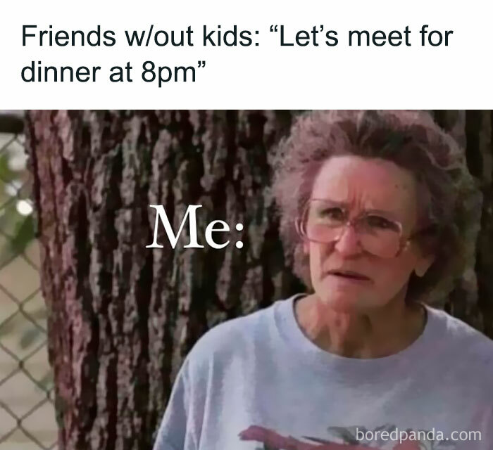 Confused mom meme expressing the reality of parenting compared to friends without kids planning late dinners.