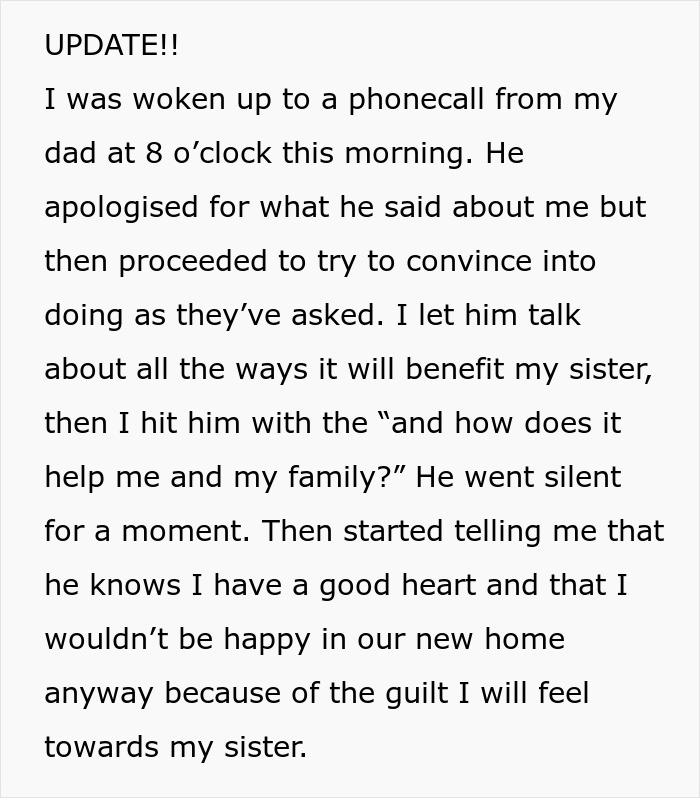 Text update describing family demands and emotional conflict during a phone call about $33k and sister’s needs. Text update describing family demands and emotional conflict during a phone call about $33k and sister’s needs.