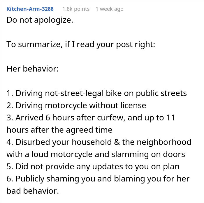 Text post listing reasons why a teen is not welcome after arriving late and disturbing neighborhood with loud motorcycle. Text post listing reasons why a teen is not welcome after arriving late and disturbing neighborhood with loud motorcycle.