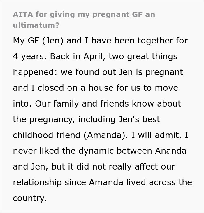 Text excerpt discussing a man giving a pregnant girlfriend an ultimatum after insecurities affect their relationship. Text excerpt discussing a man giving a pregnant girlfriend an ultimatum after insecurities affect their relationship.