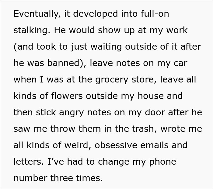 Text describing stalking behavior involving notes, flowers, and obsessive emails, related to dog attacks stalker incident. Text describing stalking behavior involving notes, flowers, and obsessive emails, related to dog attacks stalker incident.