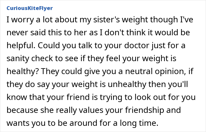 Alt text: Online comment discussing concern about a friend's weight and suggesting consulting a doctor for a healthy weight check. Alt text: Online comment discussing concern about a friend's weight and suggesting consulting a doctor for a healthy weight check.
