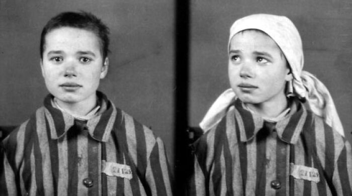 Young girl wearing striped uniform and headscarf in historical photos from Auschwitz concentration camp archive.