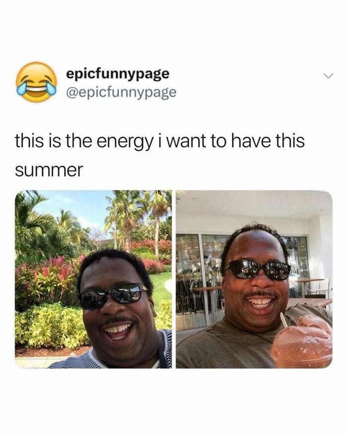 Meme showing a man smiling with sunglasses outdoors and enjoying a drink, representing entertaining posts to fight boredom.