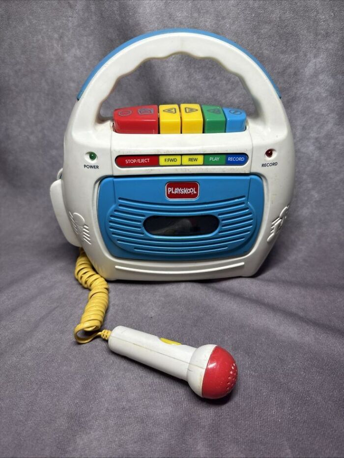 Vintage Playskool kids karaoke microphone and cassette player toy, evoking strong 90s kids nostalgia and childhood memories
