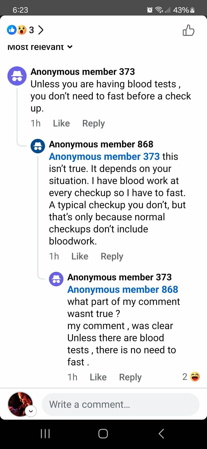 Online group debate showing overconfident know-it-alls incorrectly correcting blood test fasting advice.