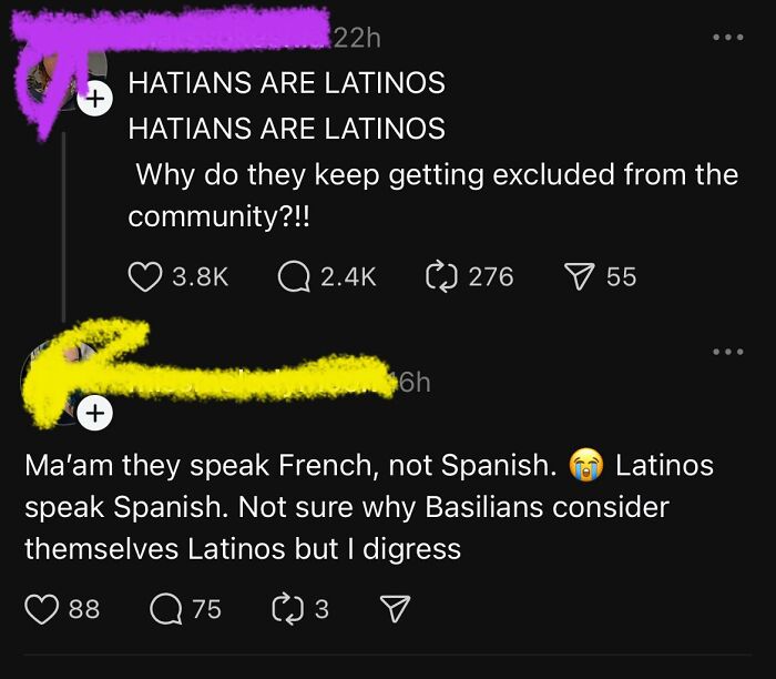 Social media exchange shaming overconfident know-it-alls who incorrectly correct others about Latino identity.