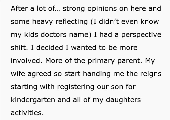 Man reflects on parenting role shift as wife hands over responsibilities, proving he can manage without her help.