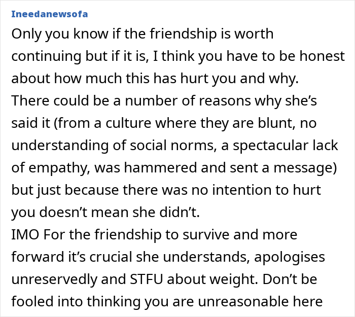 Text post discussing the impact of a friend telling a woman to lose weight after reuniting, highlighting friendship and weight issues. Text post discussing the impact of a friend telling a woman to lose weight after reuniting, highlighting friendship and weight issues.