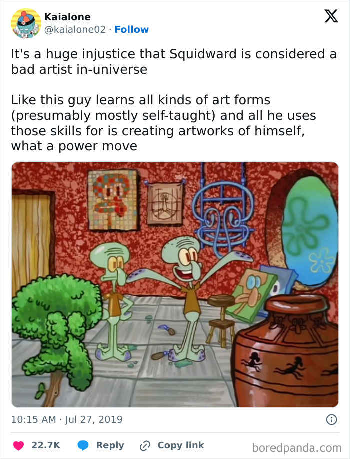 Alt text: Cartoon scene featuring multiple Squidward characters and quirky artwork in a colorful room, illustrating random memes fun.