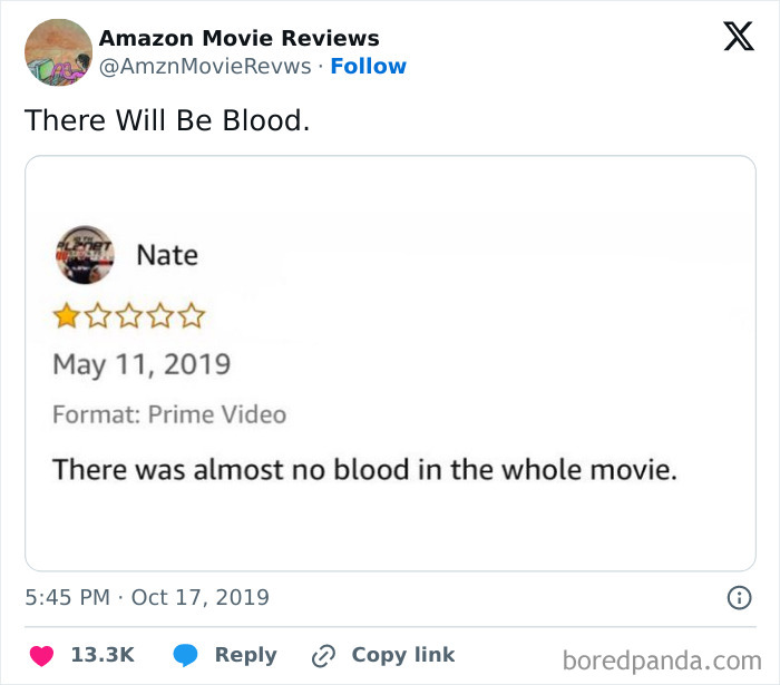 Amazon product review showing humorous feedback about the movie There Will Be Blood with low blood content complaint.