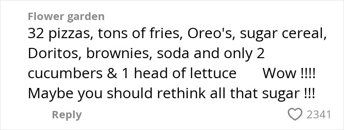 Comment about an American family grocery haul with 32 pizzas, fries, sweets, soda, and few vegetables. Comment about an American family grocery haul with 32 pizzas, fries, sweets, soda, and few vegetables.