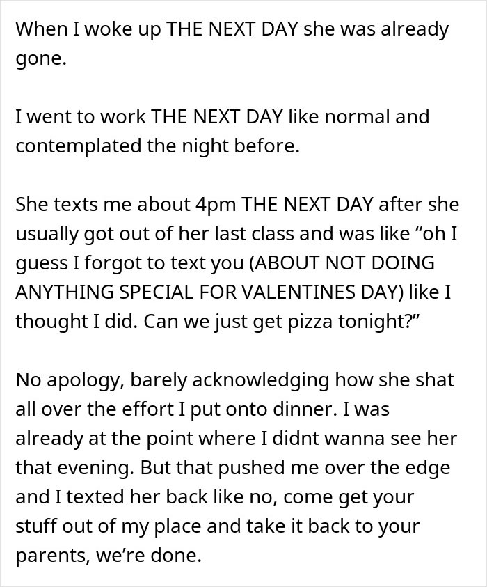 Text excerpt describing a woman going nuclear after her boyfriend dumps her for throwing away dinner he made.
