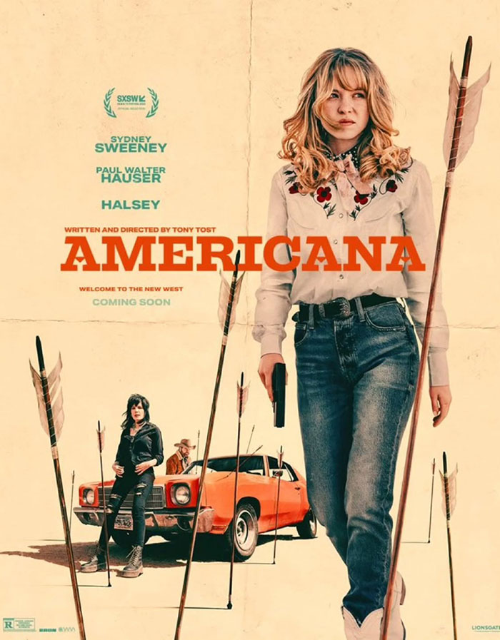 Sydney Sweeney pictured on a movie poster holding a gun, with vintage car and large arrows around her. Sydney Sweeney pictured on a movie poster holding a gun, with vintage car and large arrows around her.