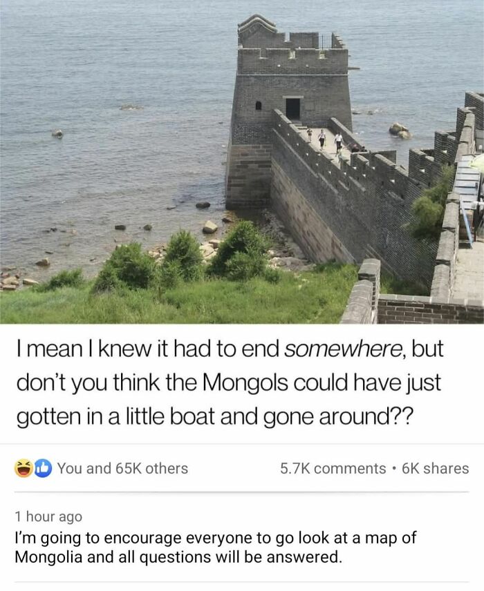 Humorous online post shaming overconfident know-it-alls with incorrect historical corrections about the Great Wall.