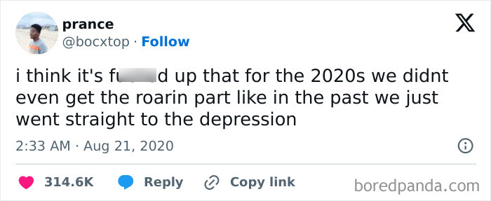 Tweet screenshot showing user expressing frustration about the 2020s, mentioning depression without a roaring twenties phase prediction.