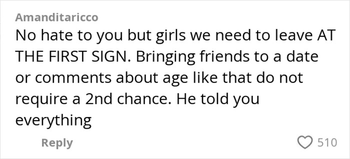 TikTok comment warning about red flags on a woman's horror date with a 43-year-old man discussing age and behavior. TikTok comment warning about red flags on a woman's horror date with a 43-year-old man discussing age and behavior.
