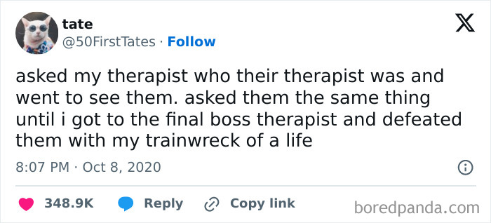 Social media post humorously describing therapy sessions as a relatable friendship meme about life struggles and final boss therapist.
