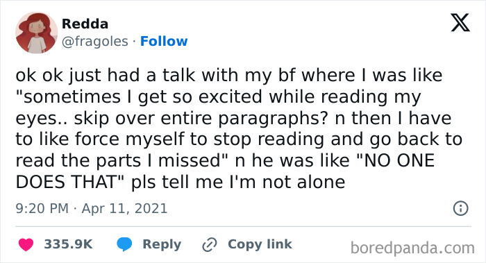 Text meme about reading habits illustrating neurodivergence with excitement causing skipping paragraphs and rereading.