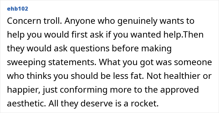 Text comment discussing a woman told to lose weight by a friend after years apart, focusing on weight and appearance. Text comment discussing a woman told to lose weight by a friend after years apart, focusing on weight and appearance.