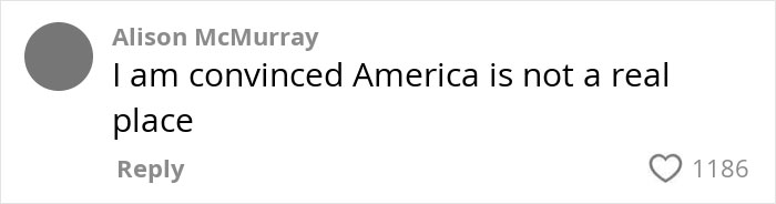 Comment stating disbelief about America not being a real place, with high engagement on social media post. Comment stating disbelief about America not being a real place, with high engagement on social media post.