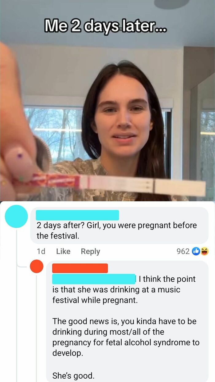 A woman showing a pregnancy test with comments shaming overconfident know-it-alls who incorrectly correct others online.
