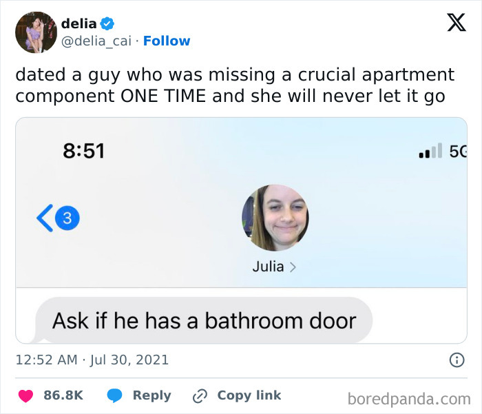 Screenshot of a meme text message asking if a guy has a bathroom door, part of random memes bringing laughter and fun.