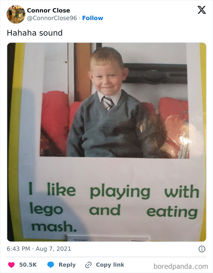 Funny British meme showing a school project with a child named Connor and a humorous text about playing with lego and eating mash.