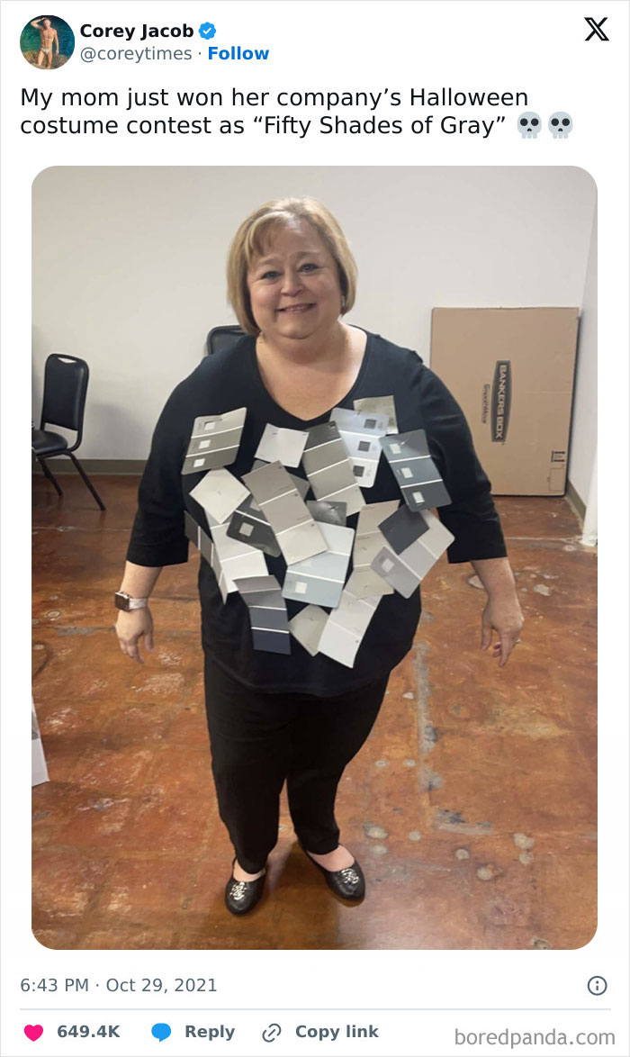 Woman in a crafty Halloween costume made of paint swatches, showcasing ingenious crafty ideas from a popular IG account.